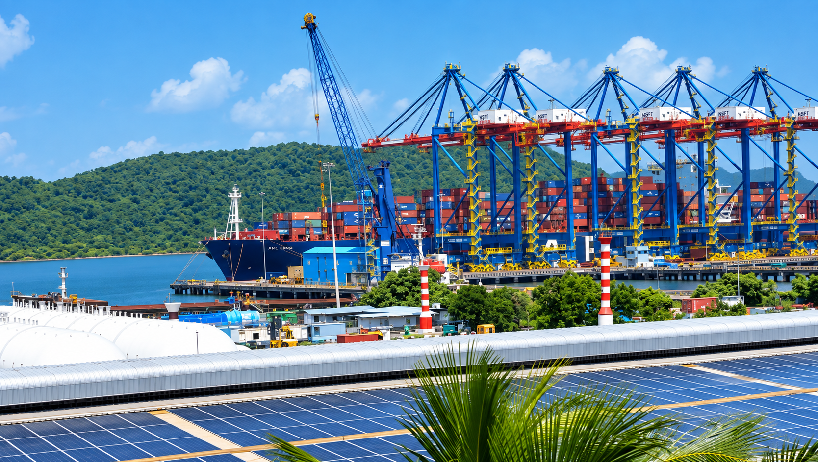 Aerial View of Port Terminal with Ship and Cranes